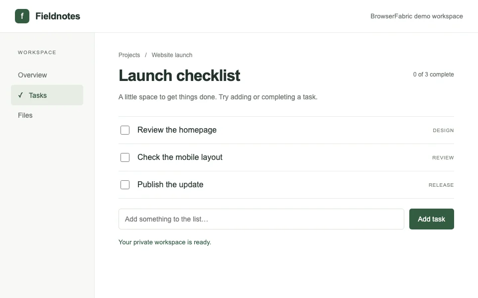 Preview of the task workspace available in the live browser demo